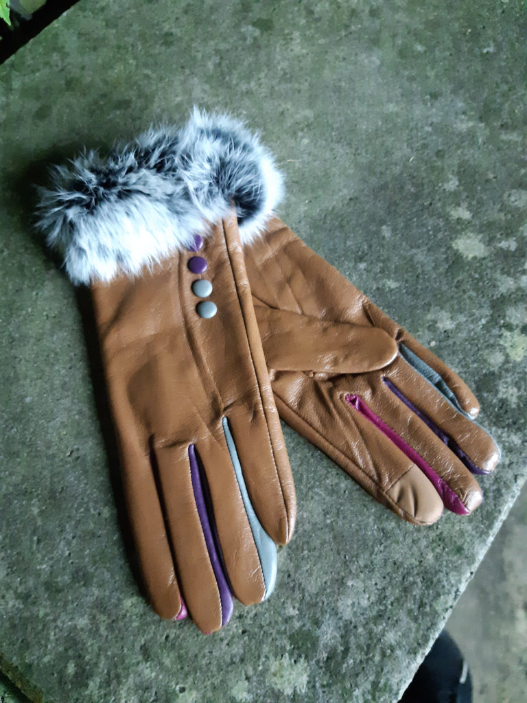 Gloves Verity Leather Fur Trim Gloves - G02 - Vera Tucci OriginalsAccessories