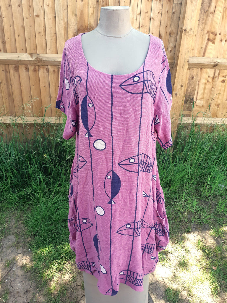 Dress Cotton Fish Pattern Dress - Vera Tucci OriginalsLondon Clothing Mediumweight / ONION