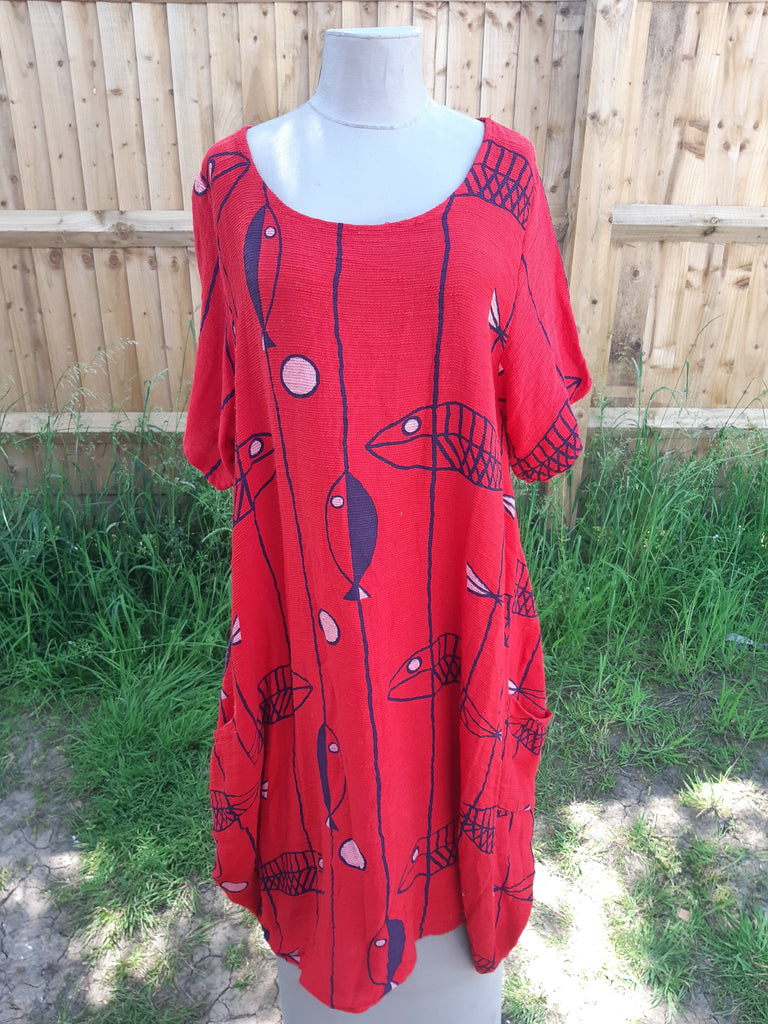 Dress Cotton Fish Pattern Dress - Vera Tucci OriginalsLondon Clothing Mediumweight / RED
