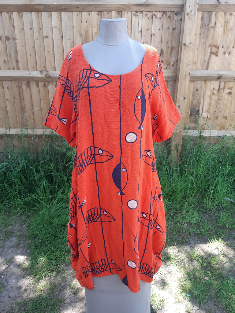 Dress Cotton Fish Pattern Dress - Vera Tucci OriginalsLondon Clothing Mediumweight / ORANGE