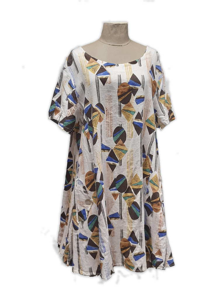 DOUBLE BUTTON - ONE SIZE ITALIAN ANTI CREASE LINEN BLEND ABSTRACT TRIANGLES PATTERN DRESS