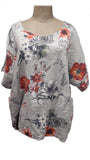 MILA- 12020 ITALIAN ANTI CREASE LINEN BLEND FLORAL PATTERN TOP WITH POCKETS