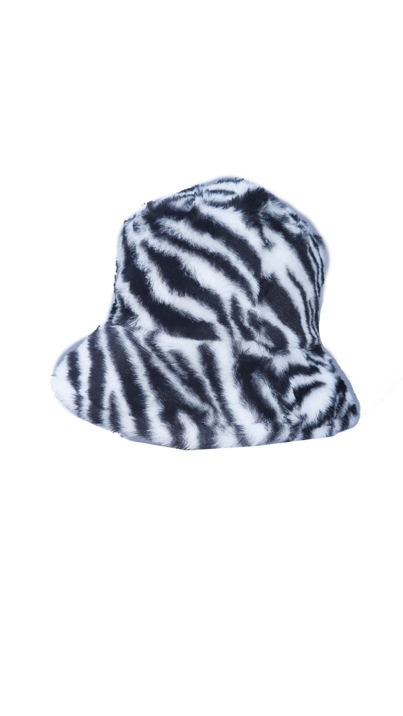 Zebra Print Patterned Fluffy Fleece Lined Bucket Hat For Winter (ADULT & CHILD SIZES)