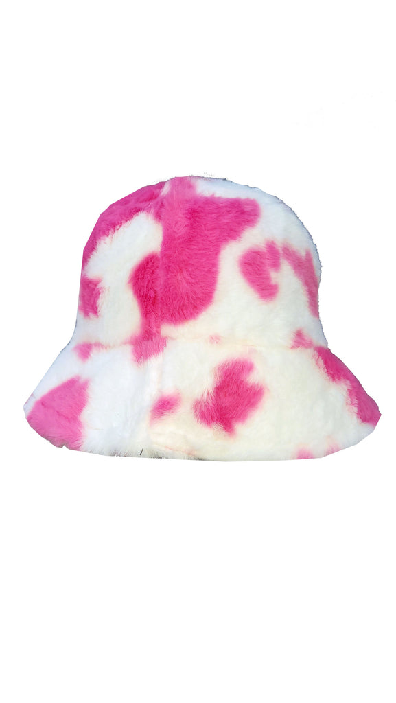 Cow Print Patterned Fluffy Fleece Lined Bucket Hat For Winter (ADULT & CHILD SIZES)