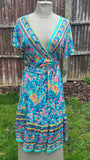 DR466 TURQUOISE TENKI LIGHTWEIGHT PRINTED SUMMER DRESS IN SIZES UK 8-18