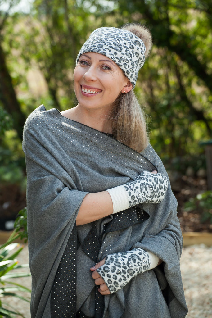 Hat SIRI (Hat) - Sparkly Leopard Pom Pom Hat (has matching glove) (Faux fur pom) - Vera Tucci OriginalsAccessories WHITE