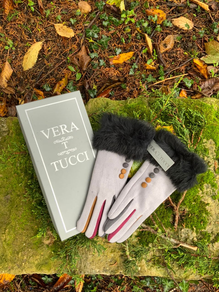 Gloves Felicity Faux Suede Fur Trim Gloves - G08 - Vera Tucci OriginalsAccessories S/m / Light Grey