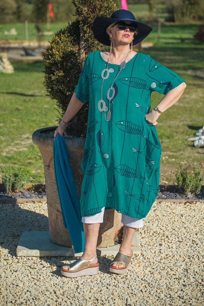 Dress Cotton Fish Pattern Dress - Vera Tucci OriginalsLondon Clothing Lightweight / ATLANTIC GREEN
