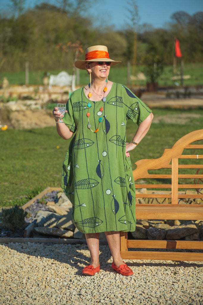 Dress Cotton Fish Pattern Dress - Vera Tucci OriginalsLondon Clothing Lightweight / PEPPER STEM
