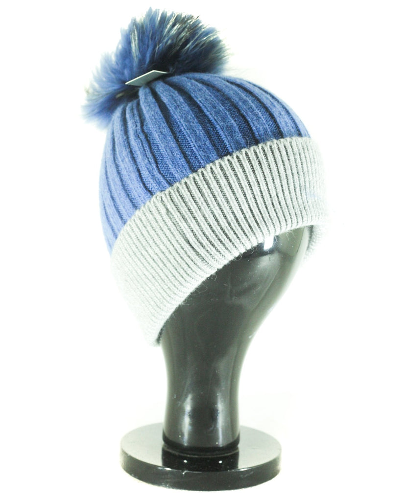 Hat Leah Two Tone Ribbed Hat with Fur PomPom - HT10 - Vera Tucci OriginalsAccessories Denim/l gry