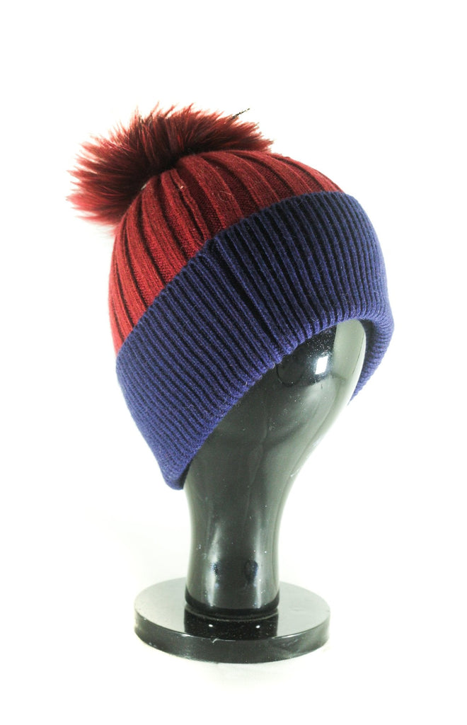 Hat Leah Two Tone Ribbed Hat with Fur PomPom - HT10 - Vera Tucci OriginalsAccessories Burgundy/Navy