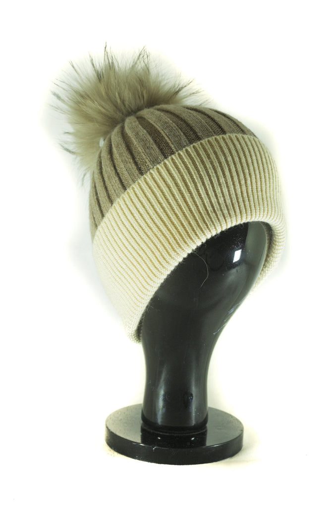 Hat Leah Two Tone Ribbed Hat with Fur PomPom - HT10 - Vera Tucci OriginalsAccessories Taupe/Crm