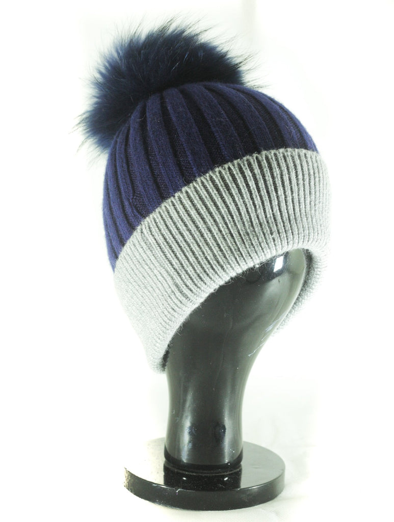 Hat Leah Two Tone Ribbed Hat with Fur PomPom - HT10 - Vera Tucci OriginalsAccessories Navy/Grey SOLD OUT