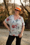 MILA- 12020 ITALIAN ANTI CREASE LINEN BLEND FLORAL PATTERN TOP WITH POCKETS