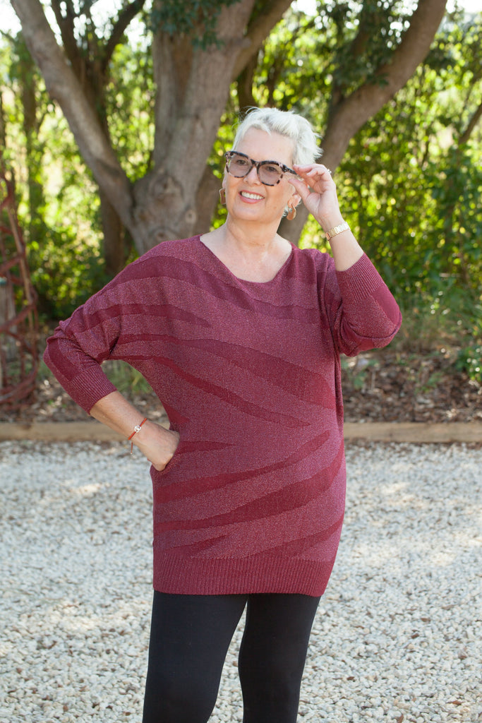 Knitwear CAPUA - SPARKLY ITALIAN ZEBRA STRIPE PATTERN JUMPER SA2208 - Vera Tucci OriginalsItalian Clothing BURGUNDY
