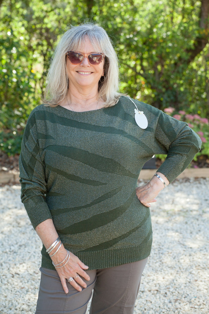 Knitwear CAPUA - SPARKLY ITALIAN ZEBRA STRIPE PATTERN JUMPER SA2208 - Vera Tucci OriginalsItalian Clothing DARK GREEN