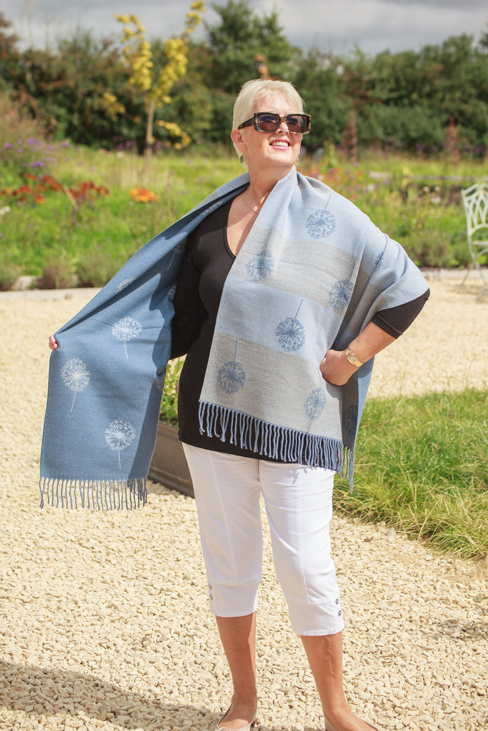 Scarves POPPY - SEED HEAD PATTERN SCARF RMD202106-16 10 COLS - Vera Tucci OriginalsAccessories 7 DENIM